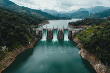 A picturesque view of a hydroelectric dam with water pouring through its gates, set among lush green mountains and framed by cloudy skies and wind turbines dotted across the hills.