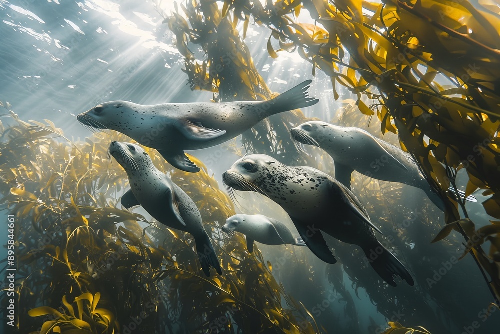 Poster A dynamic shot capturing a group of agile seals navigating through a dense and vibrant underwater kelp forest, with rays of sunlight penetrating the water's surface.