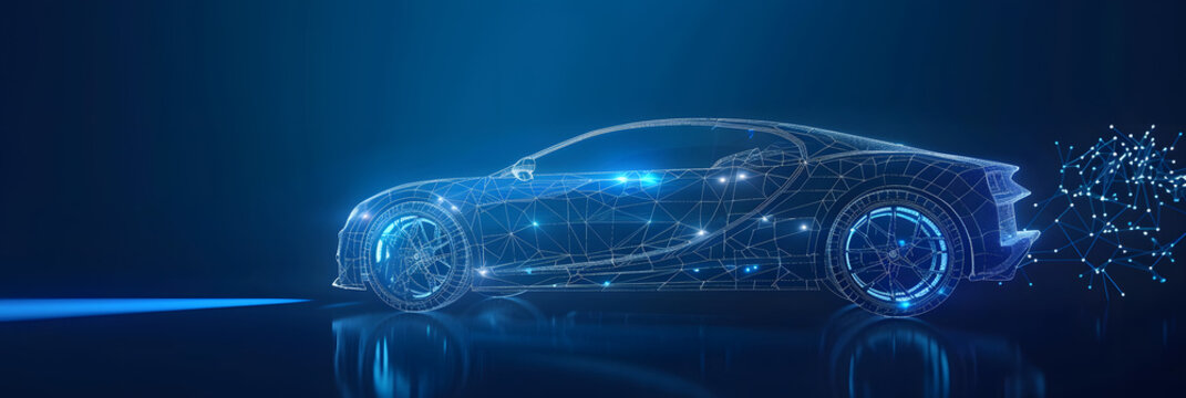 Futuristic digital wireframe of car concept with blue background.&nbsp;