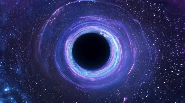 Swirling purple and blue black hole with light bending around its event horizon in the vast cosmos.