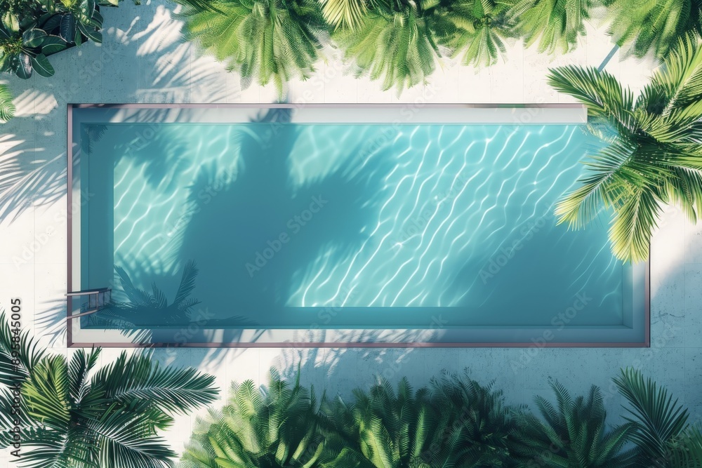 Poster a sleek and modern swimming pool embraced by lush palm trees, capturing a serene atmosphere with its