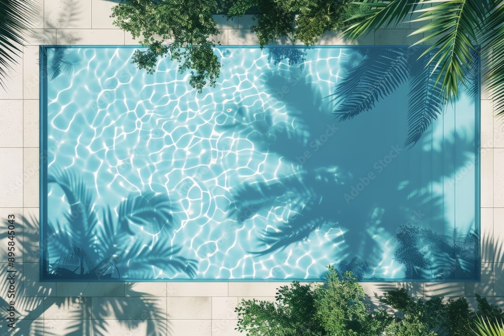 Poster an elegant swimming pool shaded by dense tropical foliage, creating a cool and refreshing escape wit