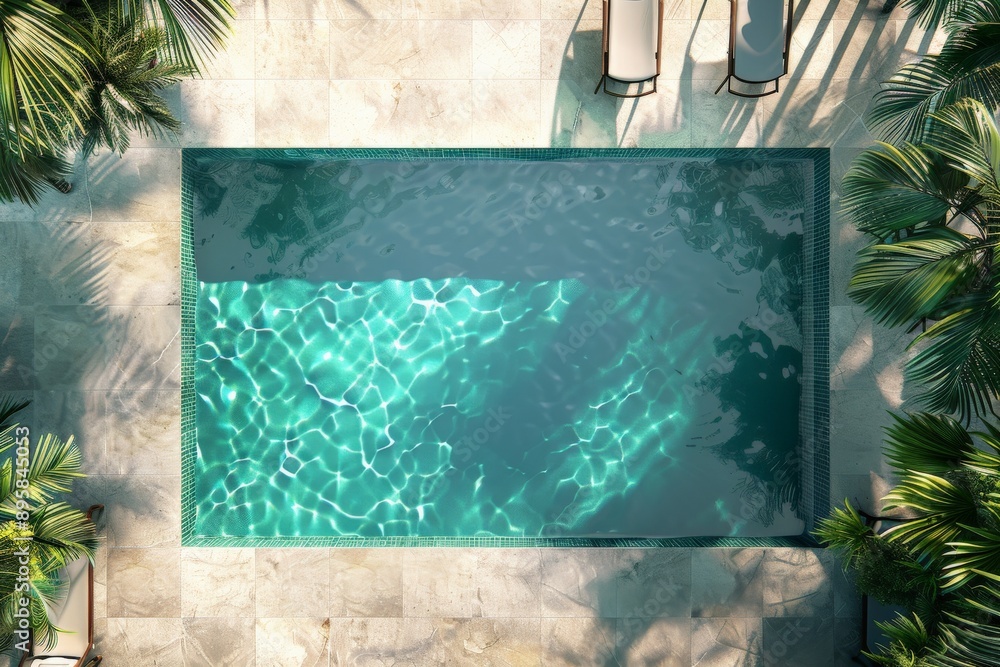 Poster a refreshing rectangular blue pool with sunlight reflections, complemented by comfortable poolside s
