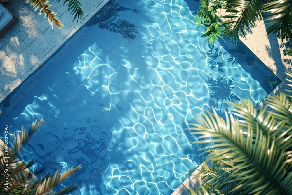 Aufkleber an inviting pool with clear blue water, embraced by vibrant tropical greenery and sunlit surrounding