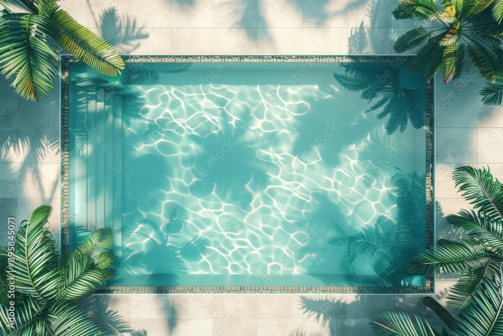 Poster a serene rectangular blue pool surrounded by lush palm trees, perfectly capturing a tranquil and inv
