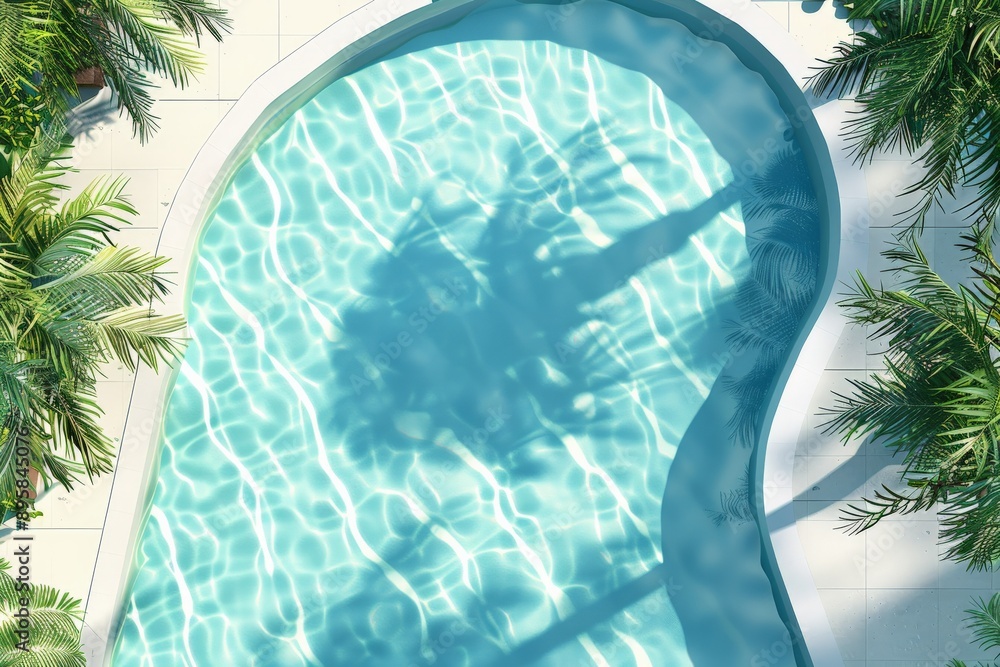 Poster a stunning curved blue pool with bright sunlight reflecting off the water, surrounded by palm trees 