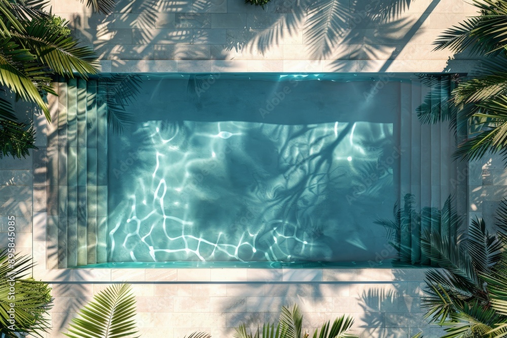 Poster an elegant rectangular pool with shimmering water, surrounded by the shadows of palm trees, embodyin