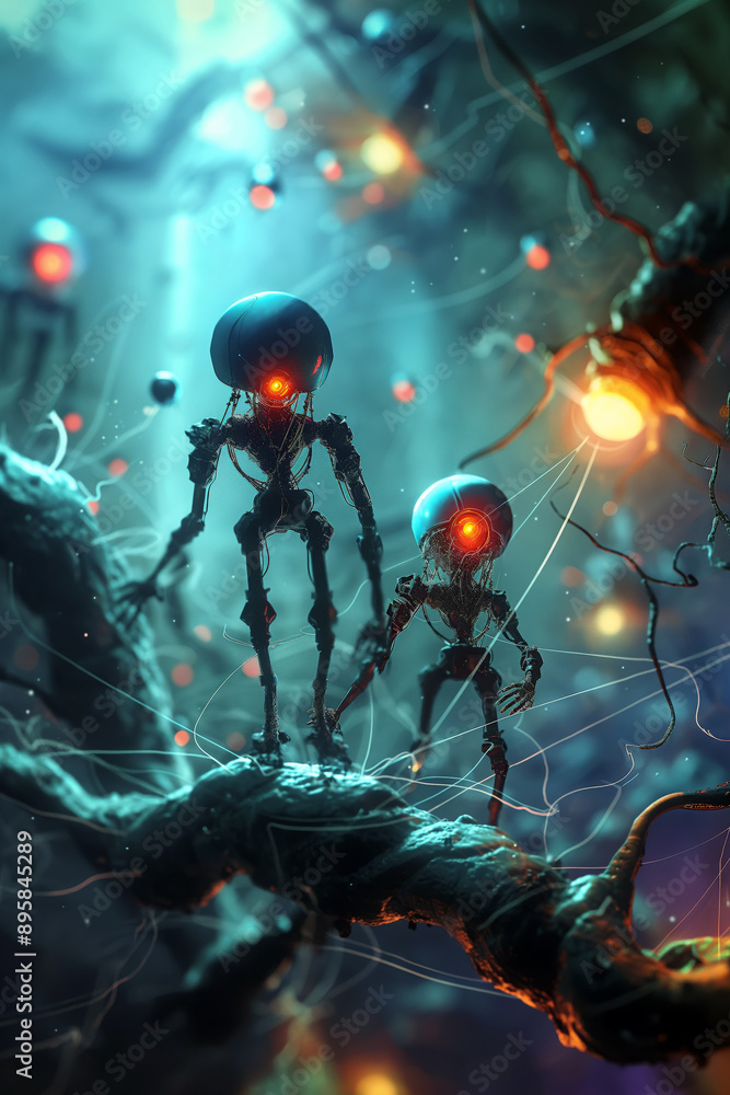Poster a detailed and colorful illustration of nanorobots enhancing human abilities, depicting tiny robots 