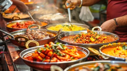 Obraz premium Colorful array of steaming dishes showcasing vibrant spices and fresh ingredients at a bustling food market.