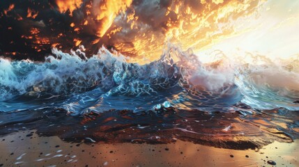 Naklejka premium Powerful ocean waves crash against the shore, reflecting the vibrant hues of a glowing sunset sky. A dramatic seascape capturing the raw energy and beauty of nature.