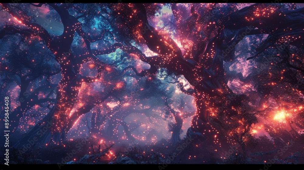 Poster A mystical forest scene illuminated by countless glowing orbs, creating a mesmerizing and otherworldly atmosphere under a starry twilight sky with ethereal hues.