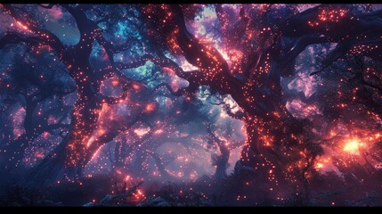 A mystical forest scene illuminated by countless glowing orbs, creating a mesmerizing and otherworldly atmosphere under a starry twilight sky with ethereal hues.