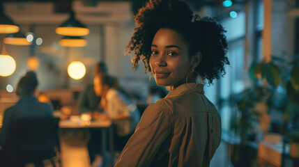 Motivated businesswoman directing her creative team in a tech startup office, driving innovation and success