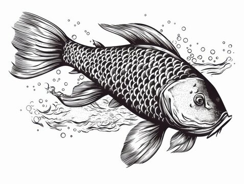 recommend clip art: Black and white Vintage engraved art of a koi fish isolated on white background, ink sketch illustration, simple vector art design, highly detailed line art, high contrasty 