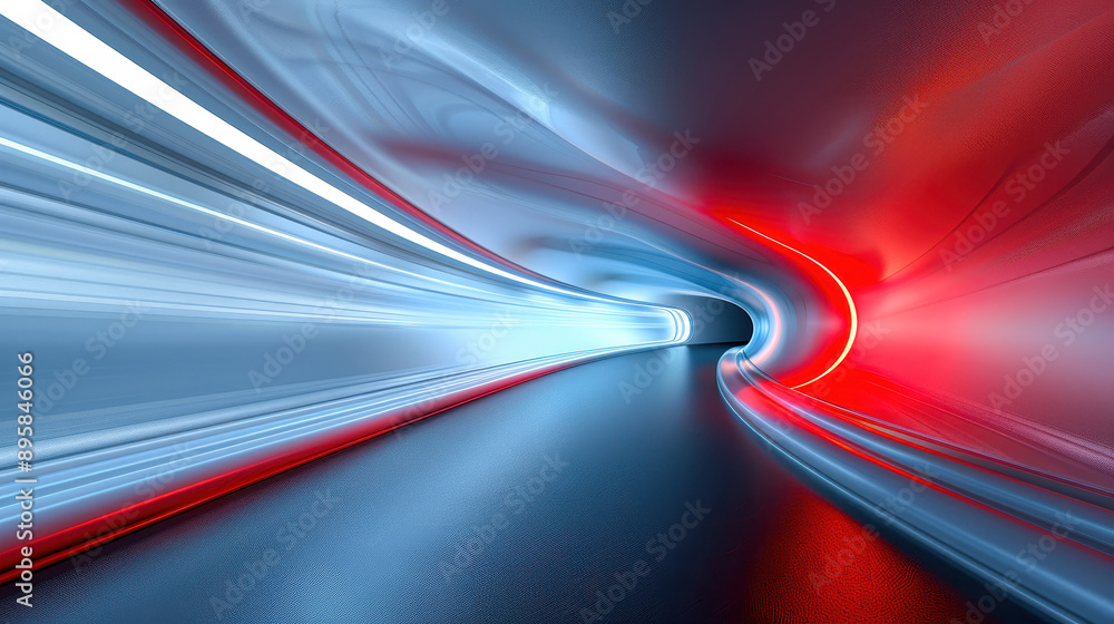 Poster dynamic light trails in a futuristic tunnel creating a mesmerizing blur of red, white, and blue tone