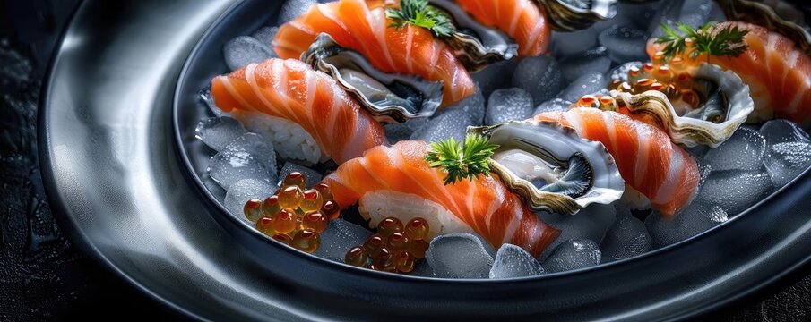 A beautifully arranged plate of fresh sushi with salmon, oysters, and roe on ice, garnished with herbs for a visually appealing presentation.