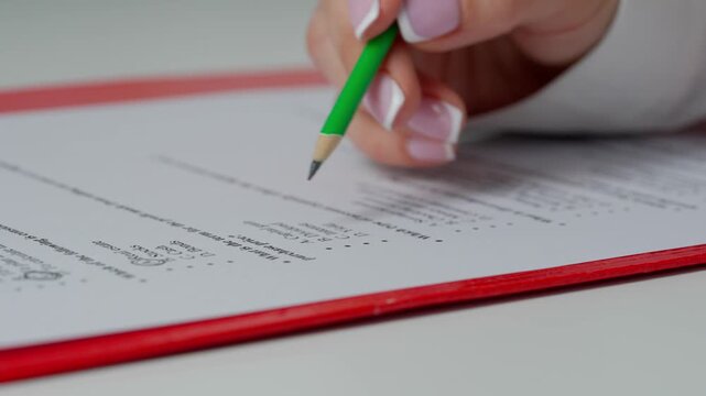 Close up shot of woman at the desk working with important exam document, student reading and picking answers in test, circling with pencil letters for questions.