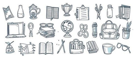 Detailed black and white school icons in high resolution vector line art.