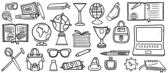High resolution black and white vector of school icons.