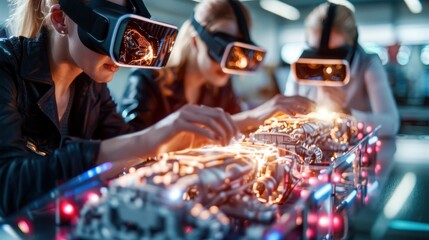 Engineers with VR headsets working on futuristic technology. Concept of virtual reality in scientific research and innovation.