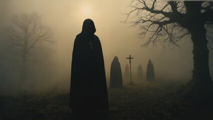 Generative AI, Sacred Night Vigil of Monks in a Foggy Cemetery
