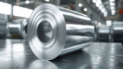 Fototapeta premium A close-up view of a large aluminum roll in an industrial warehouse, highlighting manufacturing and industrial processes.