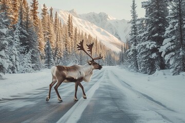 Adult male of reindeer with huge antlers going along the road