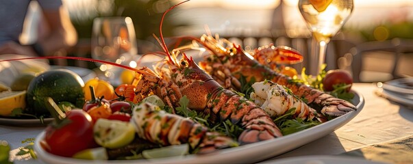 A luxurious seafood platter with lobsters and garnishes served at an outdoor table during sunset with a background view of the ocean.