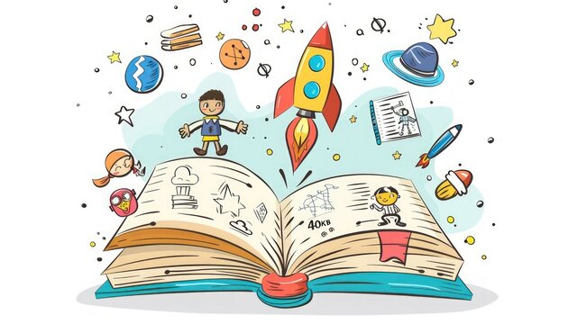 Hand drawn educational vector of open book with school icons and rocket.