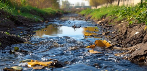 Obraz premium Waste water flowing from the blue pvc drainage pipe with orange light close-up.