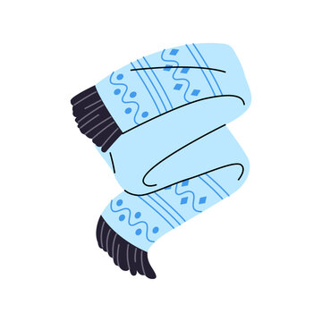 recommend clip art: Ornamented blue scarf icon. Patterned knitted muffler foe winter, cold weather. Warm clothes, accessory for neck. Outerwear, wool neckerchief. Flat isolated vector illustration on white background