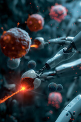 An artistic illustration of nanorobots working together to destroy cancer cells, with vibrant colors and detailed cellular structures.