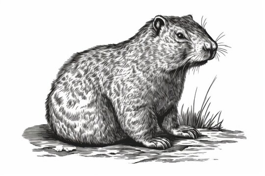 recommend clip art: Black and white Vintage engraved art of a groundhog isolated on white background, ink sketch illustration, simple vector art design, highly detailed line art, high contrasty