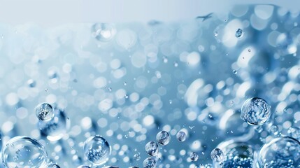 Water molecules and closeup of water on a light blue background.