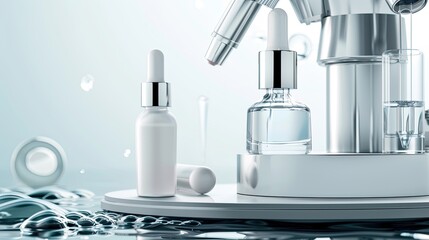 Two white bottles, one with a spray nozzle and one a clear glass flask containing blue liquid, sit on a round white platform floating in a blue swimming pool