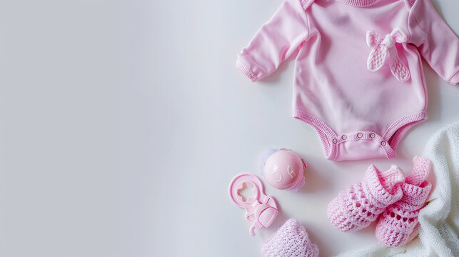 Pink baby grow, shorts, dummy, and pink booties arranged with copy space on a white background. Baby clothing, fabric, texture, and materials concept.
