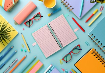 Overhead shot of school supplies, including an open notebook on a pastel base, styled in a clean flat lay with bright lighting.