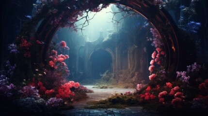 Mystical fantasy forest landscape with flower magic portal.