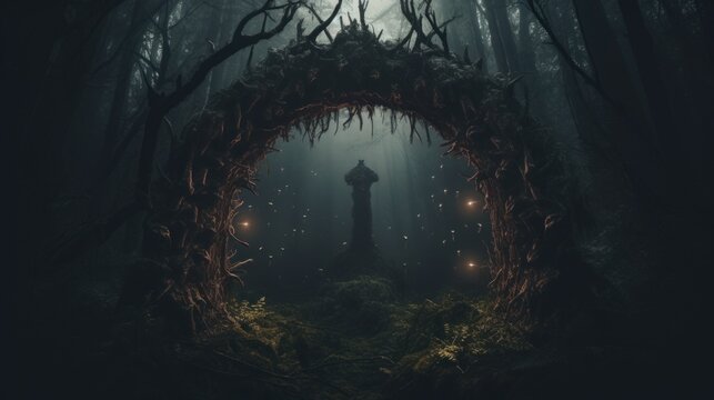 Mystical dar fantasy forest landscape with magic portal.