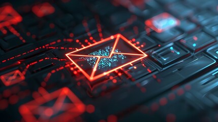 Holographic Email Scam Warning on Dark Futuristic Technological Background with Glowing Red Symbols