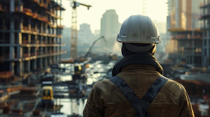 Construction worker inspecting the progress at a major construction site.