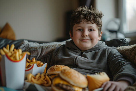 Unhealthy lifestyle in children concept. Cheerful overweight child sitting on the sofa at home, surrounded by an abundance of junk food while watching TV.