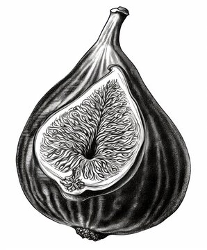 recommend clip art: Black and white Vintage engraved art of a fig isolated on white background, ink sketch illustration, simple vector art design, highly detailed line art, high contrasty.