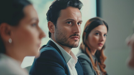 Obraz premium Professional business team in a focused debate during a seminar meeting