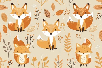 Adorable foxes, woodland patterns and warm tones, flat design illustration