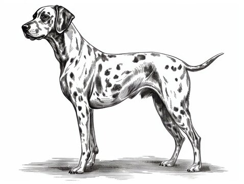 recommend clip art: Black and white Vintage engraved art of a Dalmatian isolated on white background, ink sketch illustration, simple vector art design, highly detailed line art, high contrasty 