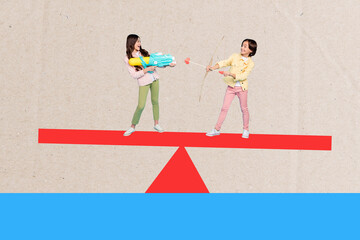 Collage image poster of funny cheerful people playing together isolated on drawing background