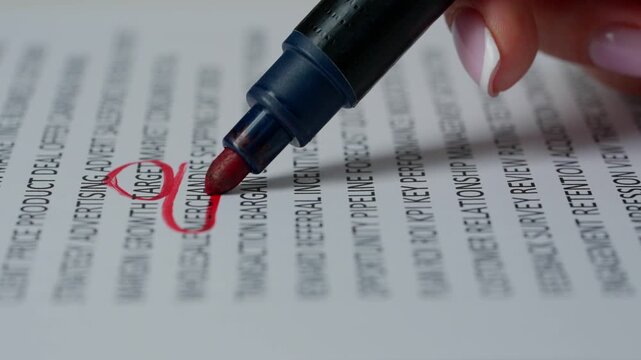 Close up shot of woman hand working with document, red marker in female hand circled highlighted several words in text.