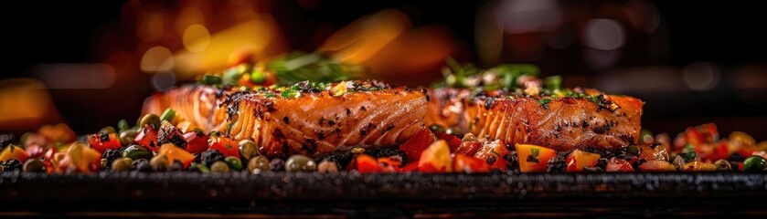 Grilled salmon fillet with vibrant vegetables, garnished with fresh herbs, served on a black platter in a dark, moody setting.