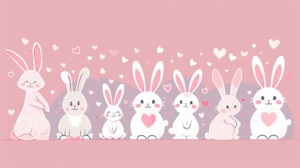 Naklejka premium Cute bunnies, heart motifs and soft hues, flat design illustration